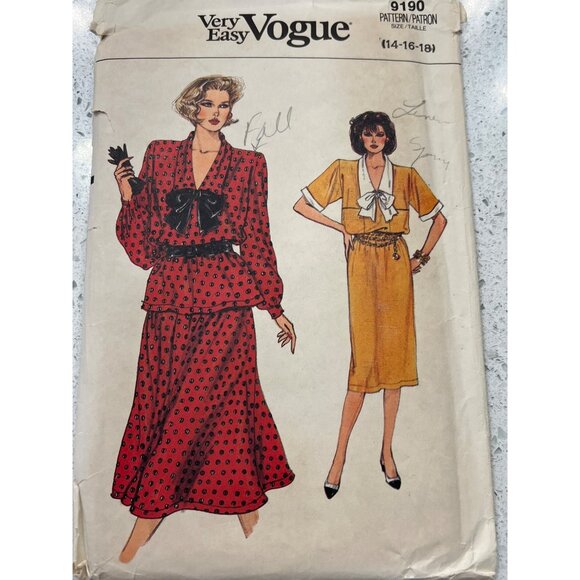 Vintage Vogue 8190 Sewing Pattern For Misses Dress Top & Skirt Sizes 14-16-18 - Picture 1 of 2
